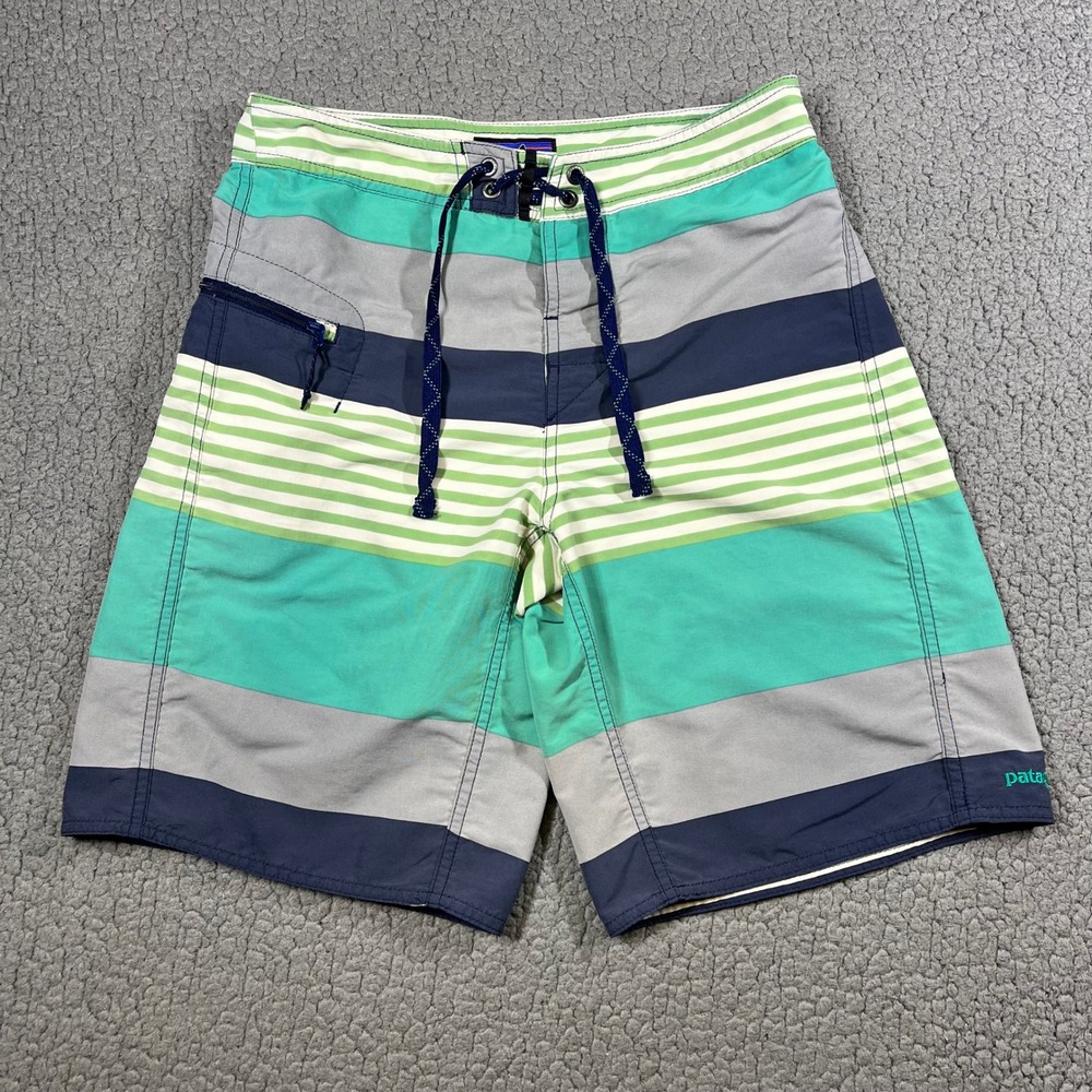 Patagonia Mens Striped Board Shorts Teal Navy Blue Grey Size 28 Swim Trunks